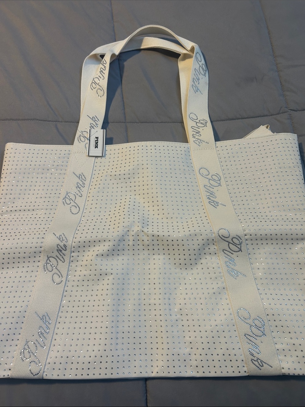 PINK Victoria's Secret White Crystal-Accent Logo Tote
